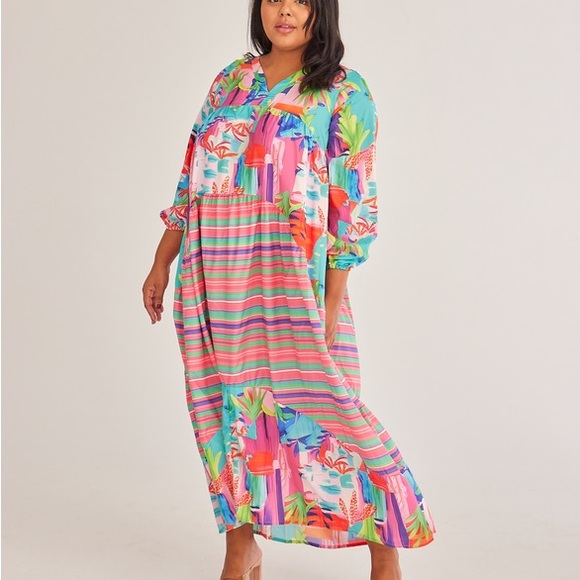 Flowy Long Sleeve Boho Colorful Maxi Dress 2XL Vacation Cruise Poolside - Picture 5 of 6